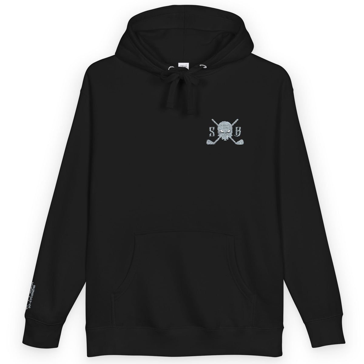 A black pullover hoodie with a small white graphic on the left chest featuring a skull and crossed hockey sticks with the letters 'S' and 'B'. The hoodie is displayed flat against a solid white background.