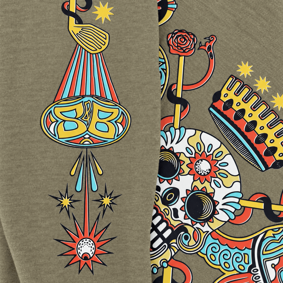 Close-up of a heather olive green fabric printed with a colorful graphic pattern featuring a stylized BB gun, stars, a snake, a crown, and a skull with floral details.