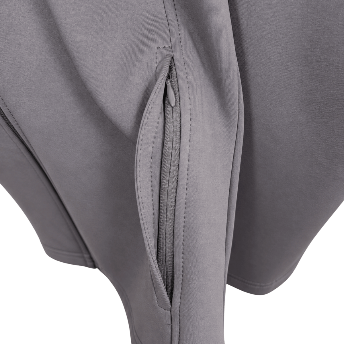 Close-up of a gray softshell jacket or pants showing a zippered pocket with detailed stitching on a white background.