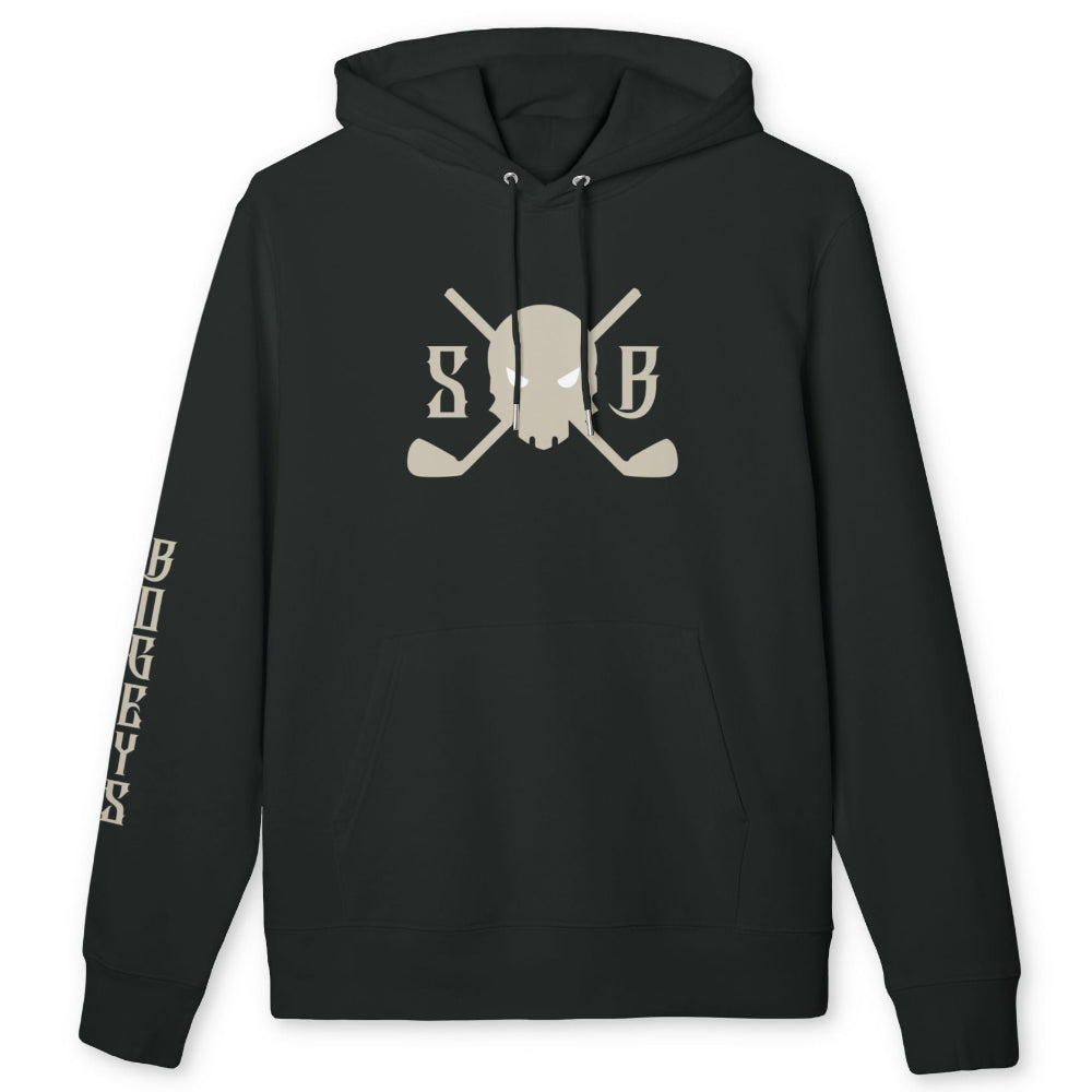 A black pullover hoodie with a beige graphic on the chest featuring a skull and crossed golf clubs, with 'SKULL & BOGEYS' printed vertically on the sleeve, shown against a plain white background.