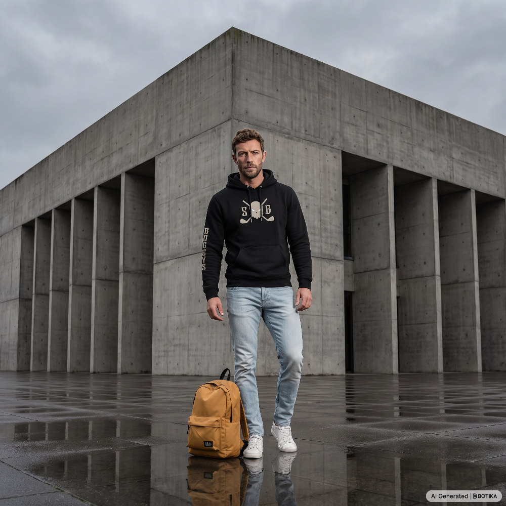 A man wearing a black hoodie with a white graphic, light blue jeans, and white sneakers stands in front of a large concrete building, with a mustard yellow backpack on the wet ground beside him.