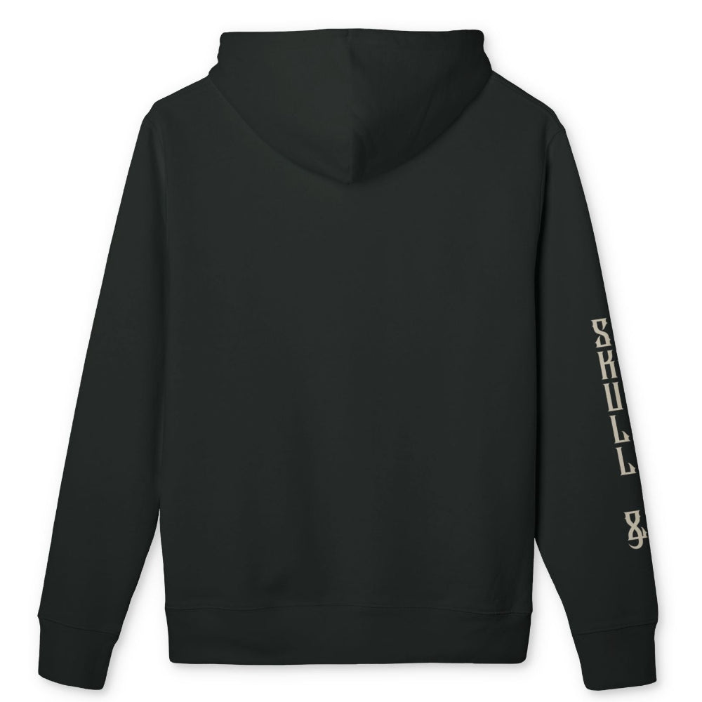 A black hooded sweatshirt shown from the back, featuring vertical cream-colored text reading 'Skull & Bogeys' printed down the right sleeve, set against a plain white background.