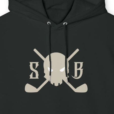 A black pullover hoodie with a beige graphic on the chest featuring a skull, crossed golf clubs, and the letters 'S' and 'B'. The word 'BIGGEE' is printed vertically in beige on the right sleeve.