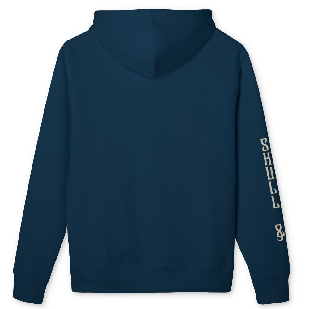 A dark navy blue hoodie shown from the back, featuring vertical cream-colored text reading 'Skull & Bogeys' printed down the left sleeve, set against a plain white background.