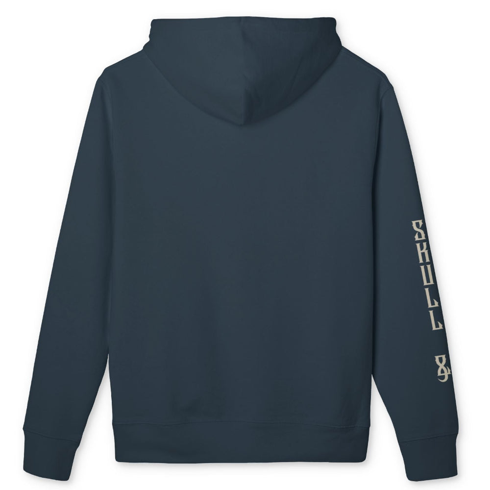 A dark navy blue hoodie shown from the back, featuring vertical cream-colored text reading 'Skull & Bogeys' printed down the right sleeve, displayed on a clean white background.