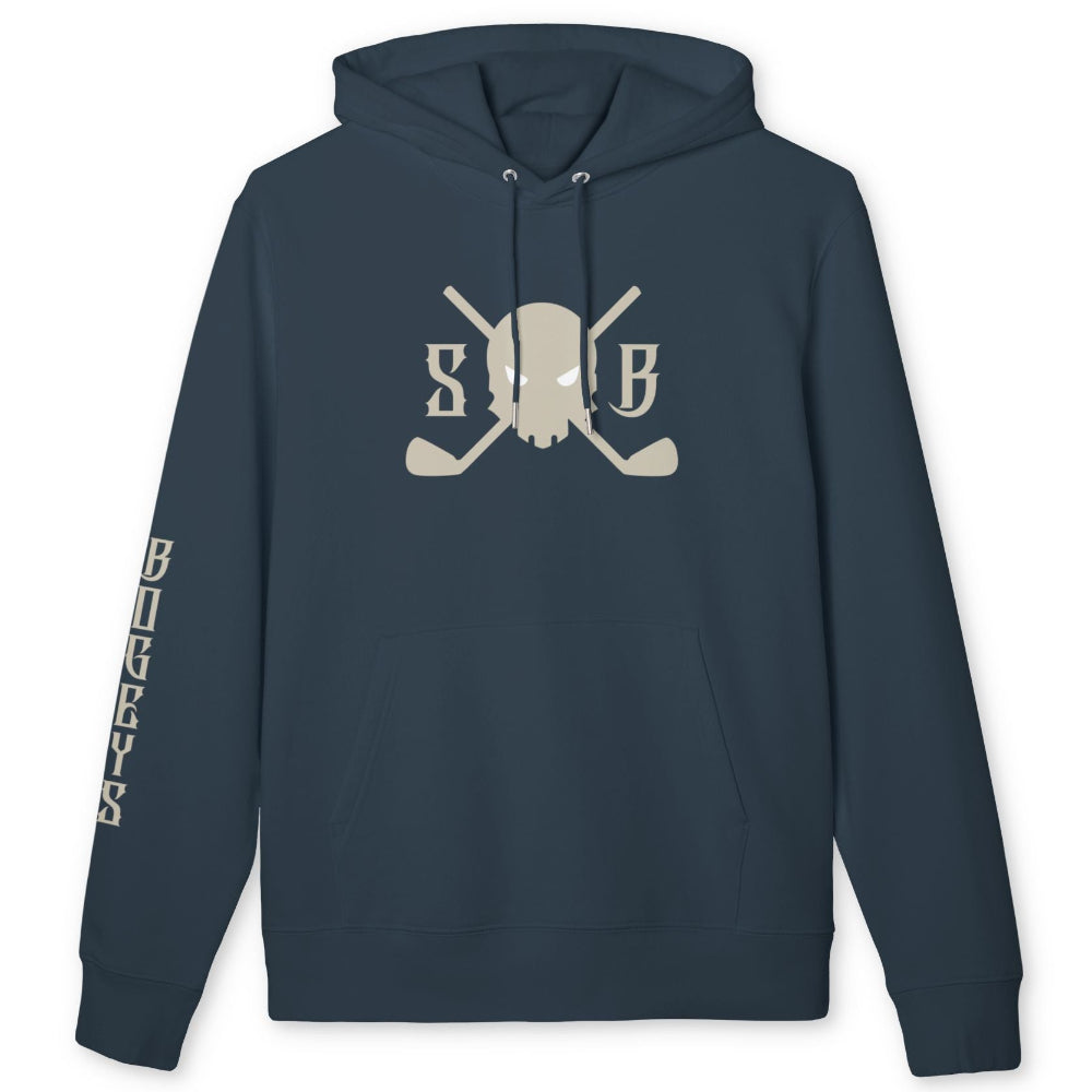 A navy blue pullover hoodie with a beige graphic on the chest featuring a skull and crossed golf clubs, with 'SUB' lettering and 'BIG GAYS' printed vertically on the sleeve, shown against a plain white background.