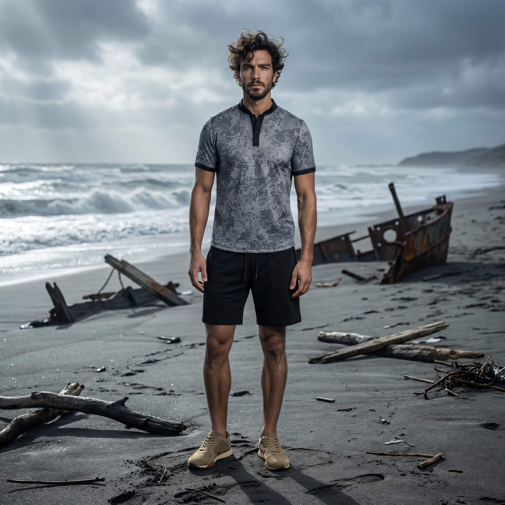 Man standing on a beach with a shipwreck in the background