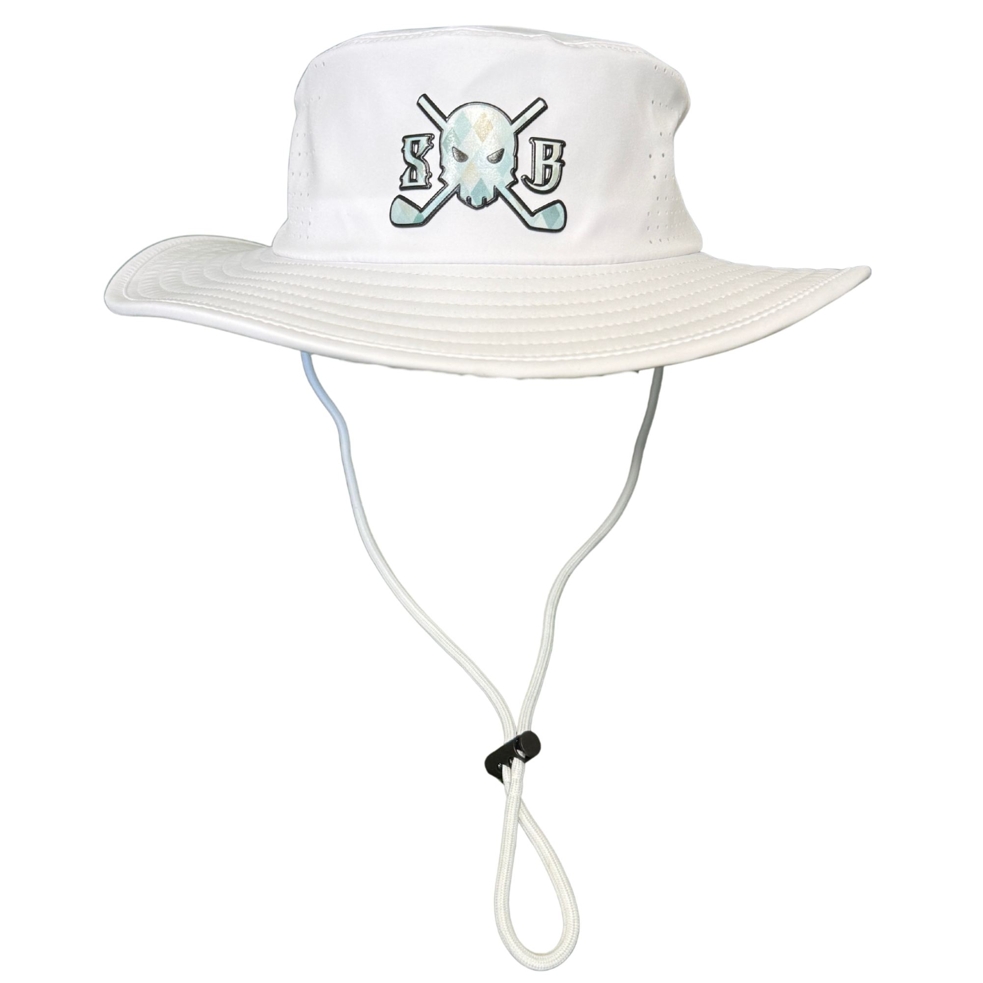 A white wide-brim bucket hat with a chin strap, featuring a front graphic of a skull and crossed golf clubs with the letters 'SB' in light blue and gray.