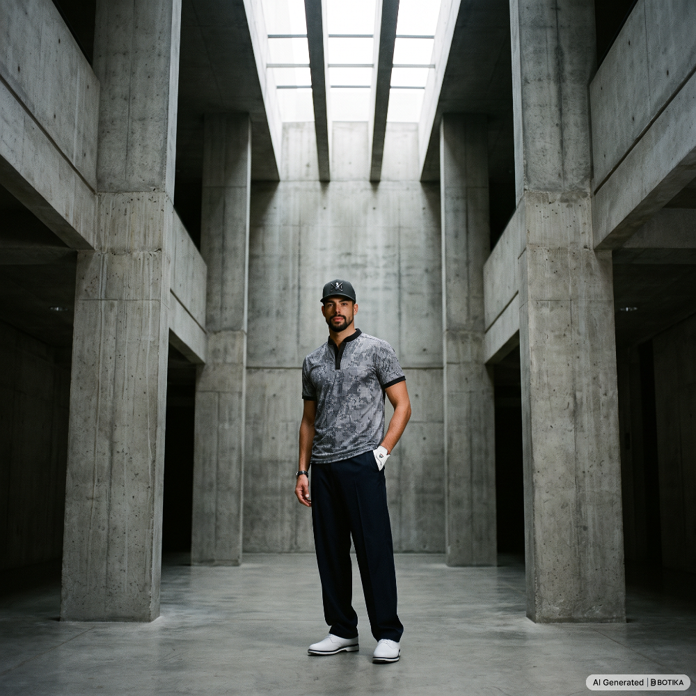 A man stands in a large concrete architectural hall wearing a gray patterned short-sleeve polo shirt, dark navy pants, white sneakers, and a dark cap.