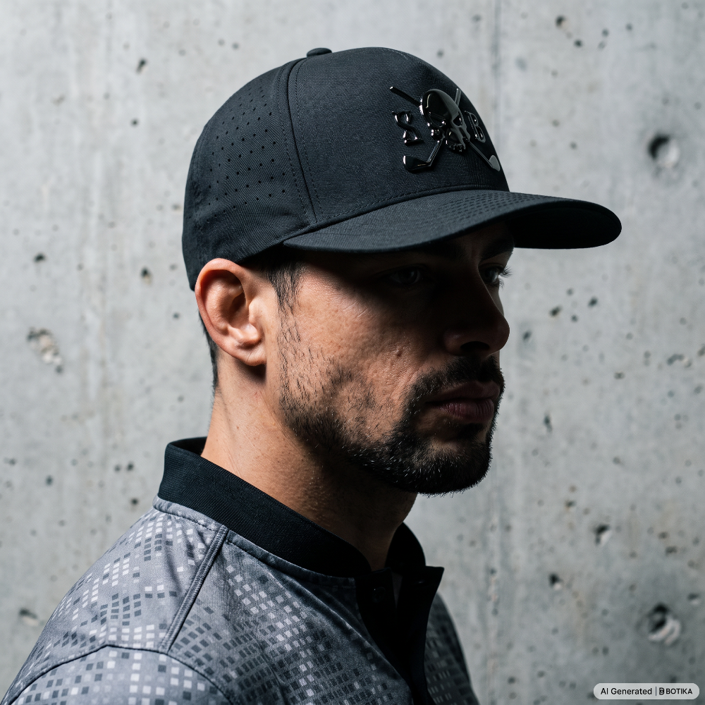 Skull & Bogeys Blackout Bundle with black blade collar golf polo and triple-black snapback hat