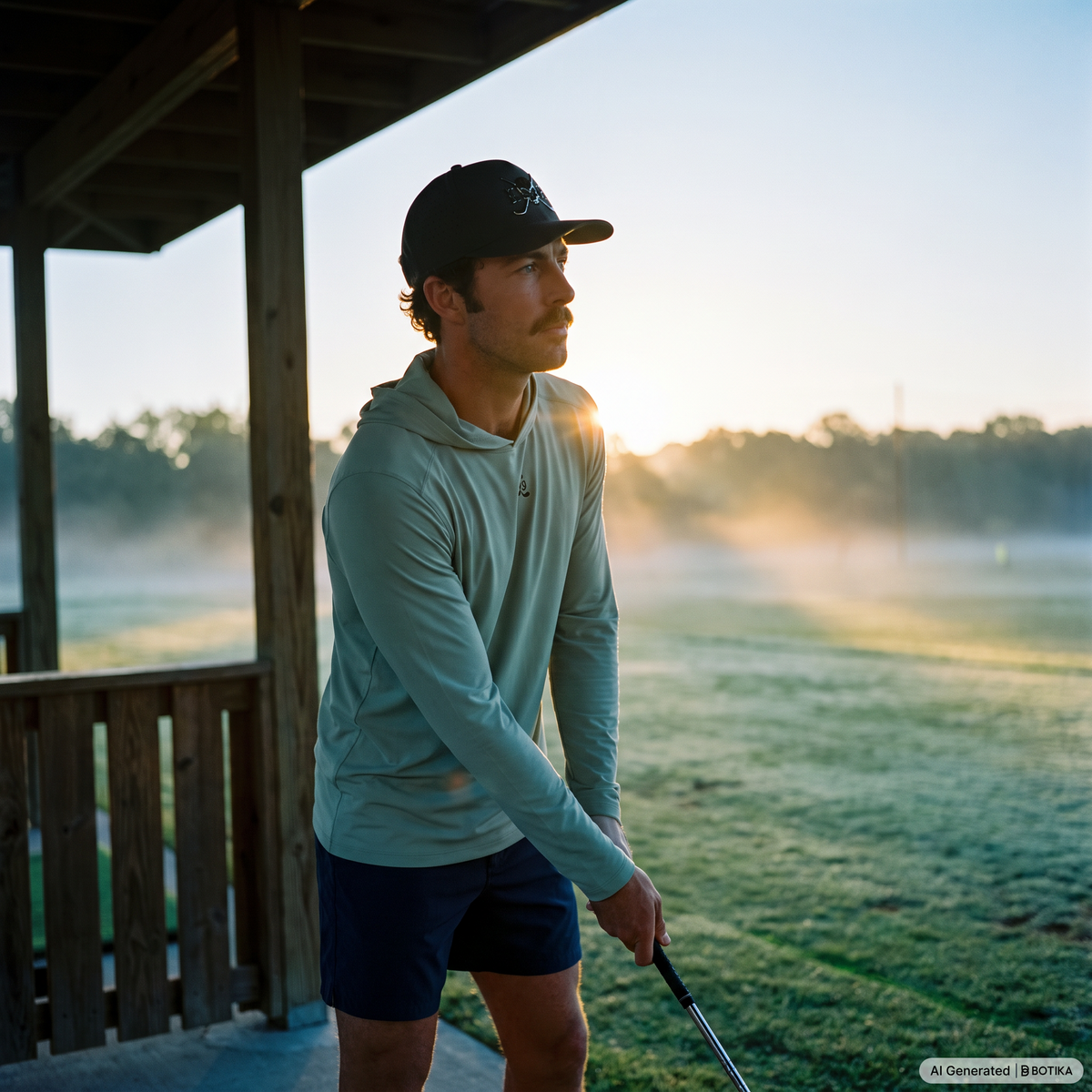 A man wearing a sage green long-sleeve athletic hoodie, navy blue golf shorts, and a black baseball cap stands on a wooden porch overlooking a misty golf course at sunrise.