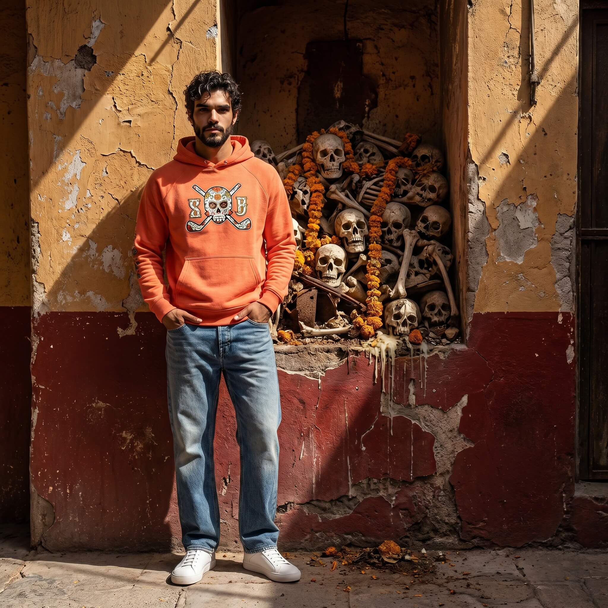 Man wearing an orange hoodie with a skull design in front of a wall with skulls and bones.