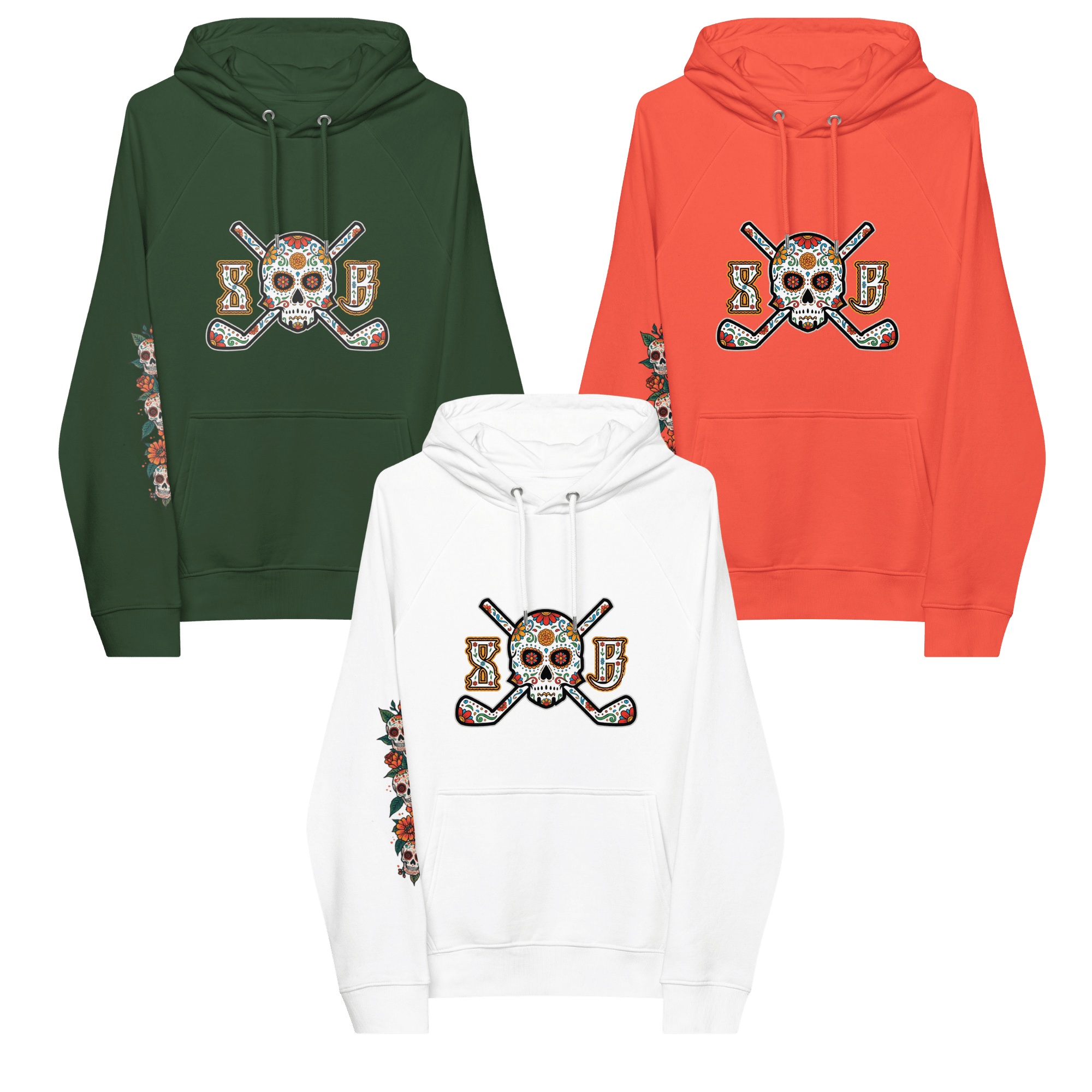 Three hoodies in green, white, and orange with a skull and crossbones design on a black background.