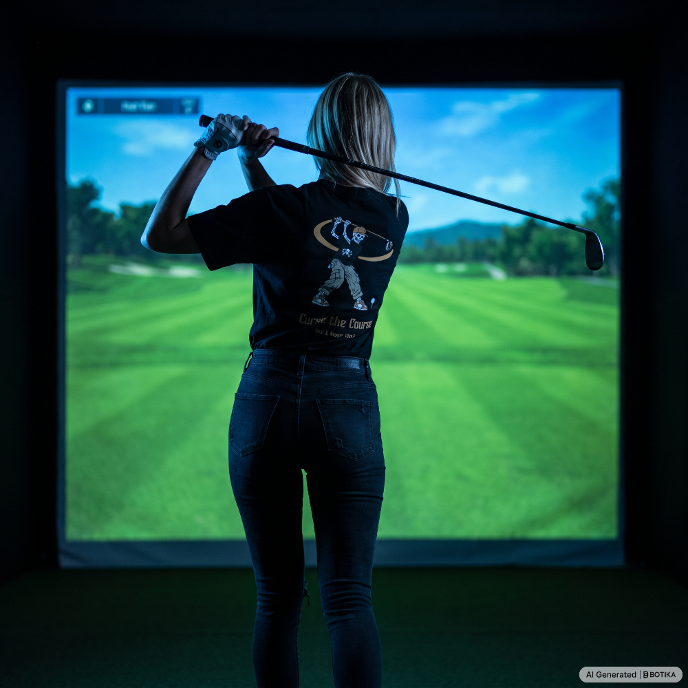 A woman stands with her back to the camera in a golf simulator, holding a golf club in front of a large screen showing a green golf course. She is wearing a black t-shirt with a golf course graphic on the back and dark jeans.