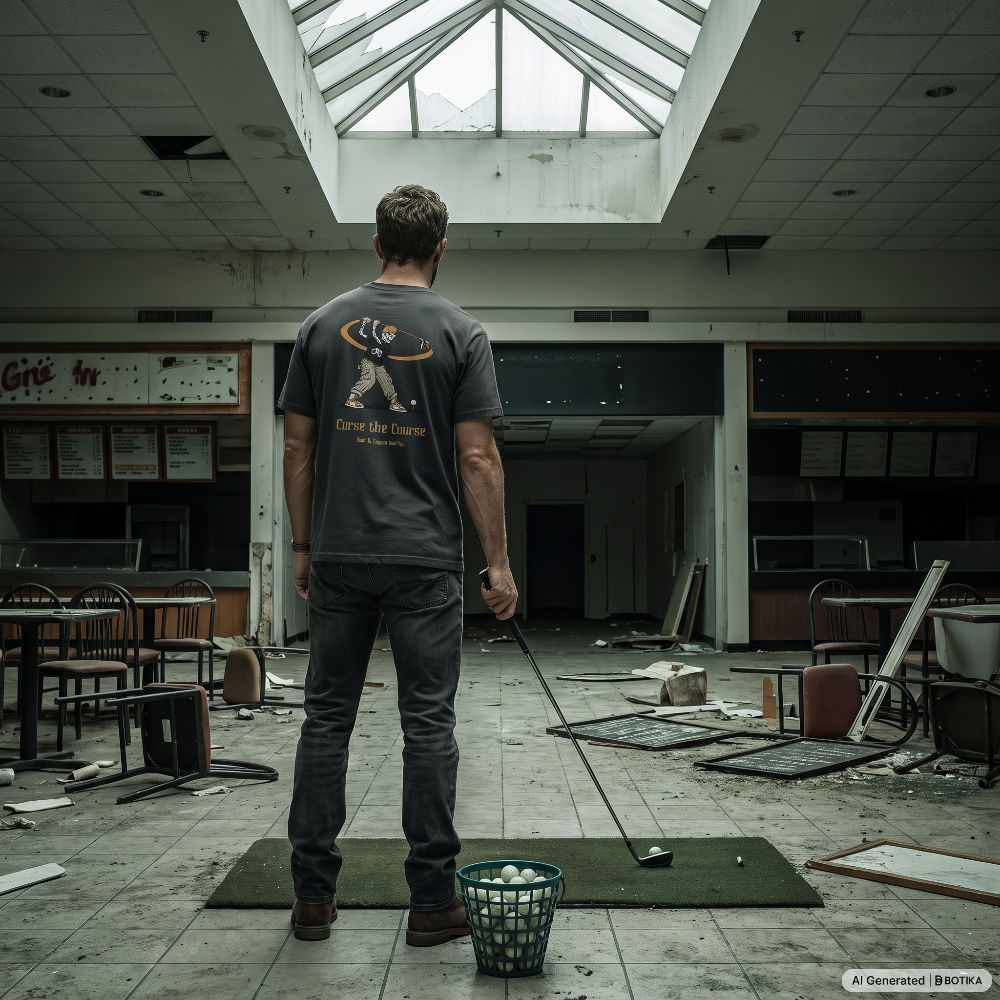 A man stands with his back to the camera in a deserted, debris-strewn indoor golf course, wearing a dark gray t-shirt with a golf course graphic on the back, dark jeans, and holding a golf club.