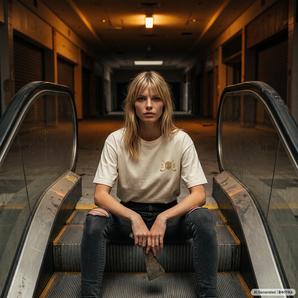 A woman sits on the steps of an escalator in a dimly lit, abandoned industrial building. She is wearing a cream-colored t-shirt with a small gold graphic on the left chest and dark ripped jeans, holding a rusty metal axe.