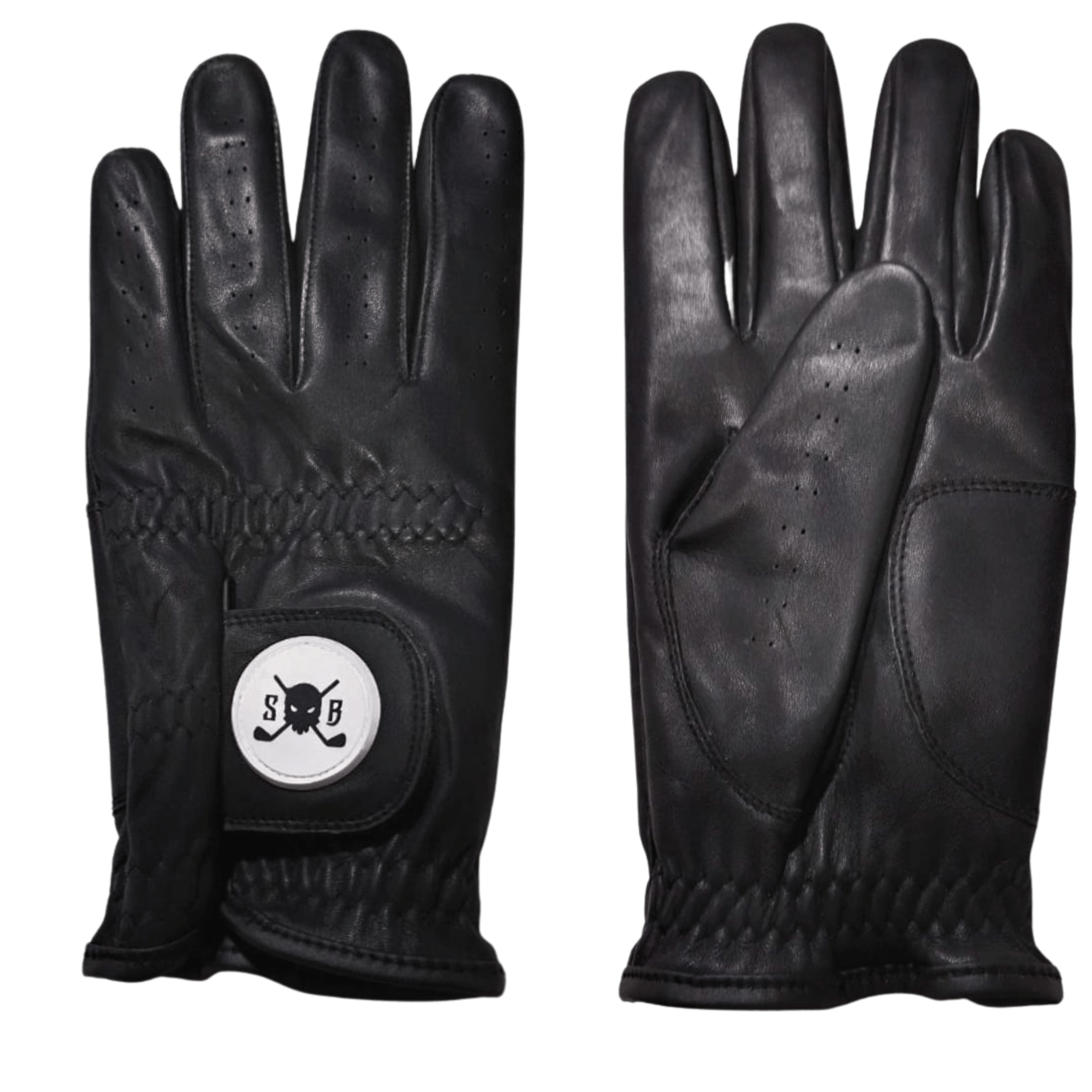 Black leather golf glove with a brand logo on a clear background