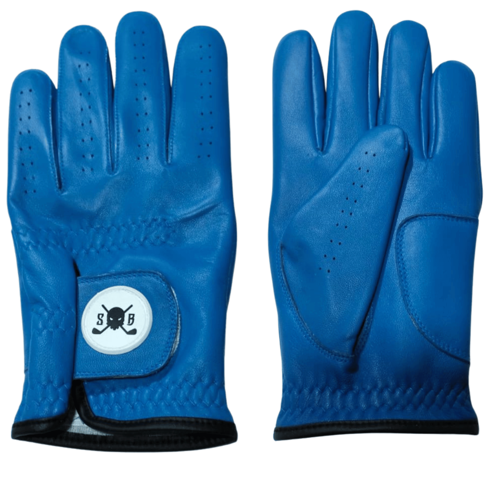 Pair of blue golf gloves with a brand logo on a black background