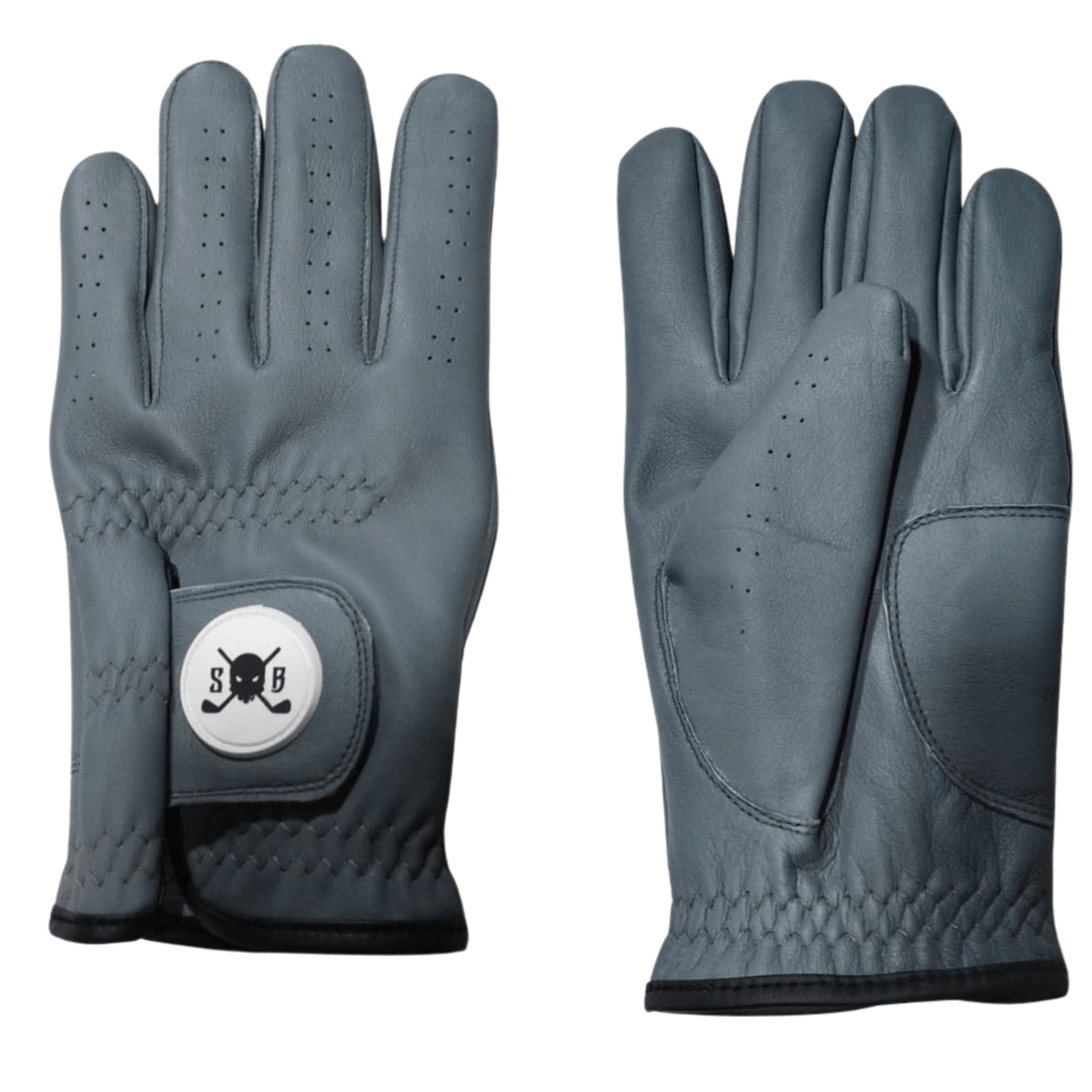 Pair of gray gloves with a brand logo on a black background