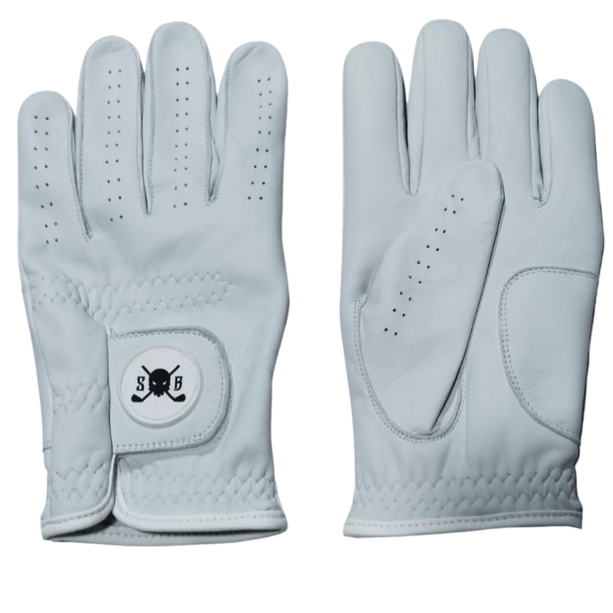 Pair of light gray golf gloves with a brand logo on a black background