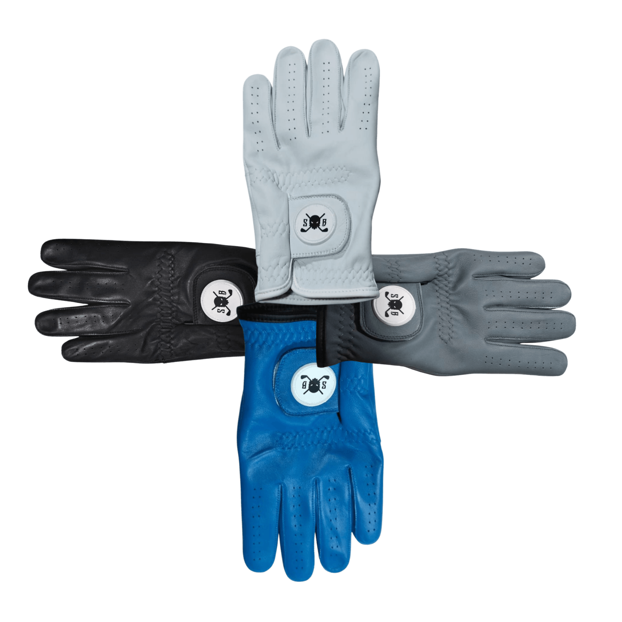 Three gloves in black, gray, and blue on a transparent background