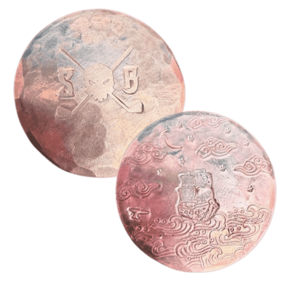 Two metallic coins with embossed designs on a black background