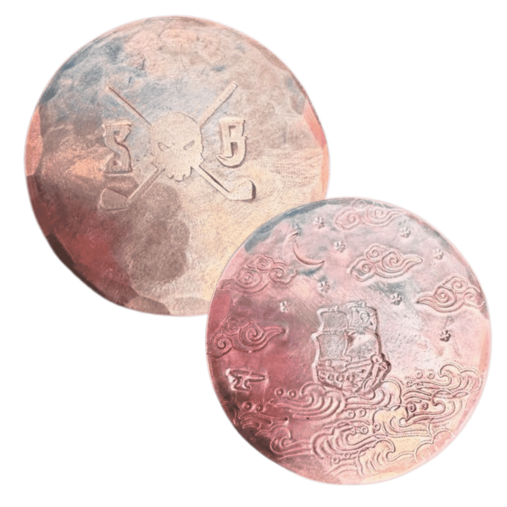 Two metallic coins with embossed designs on a black background