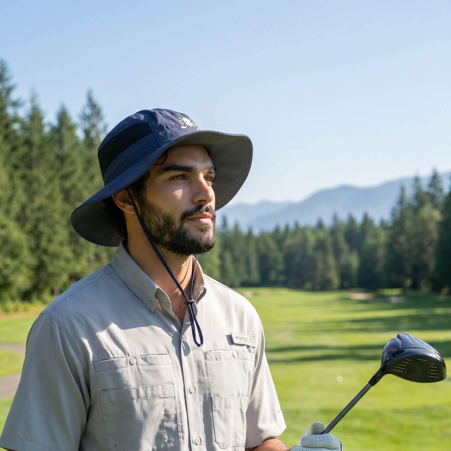 Man on a golf course wearing a wide-brimmed hat and holding a golf club.