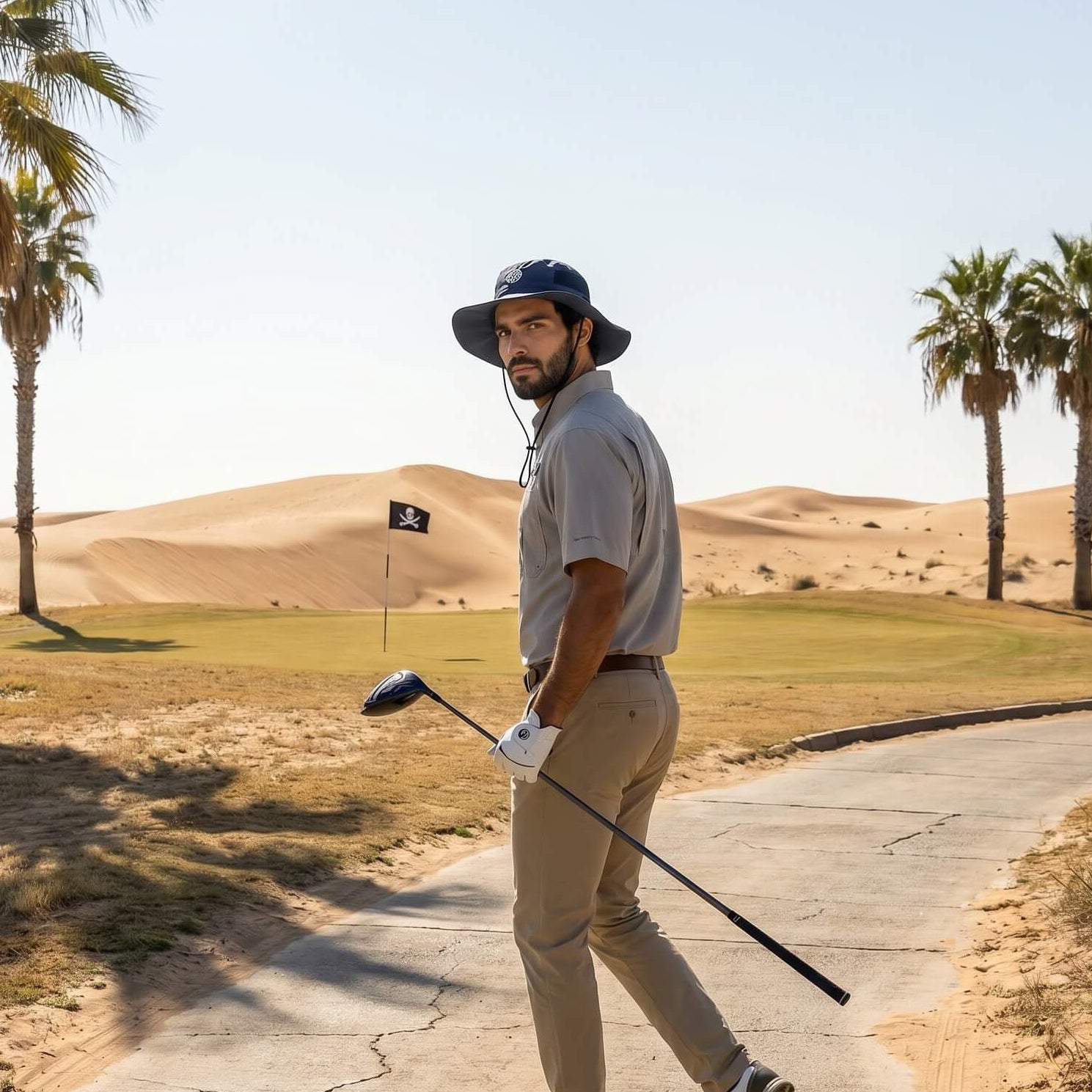 Man holding a golf club on a desert golf course with palm trees.