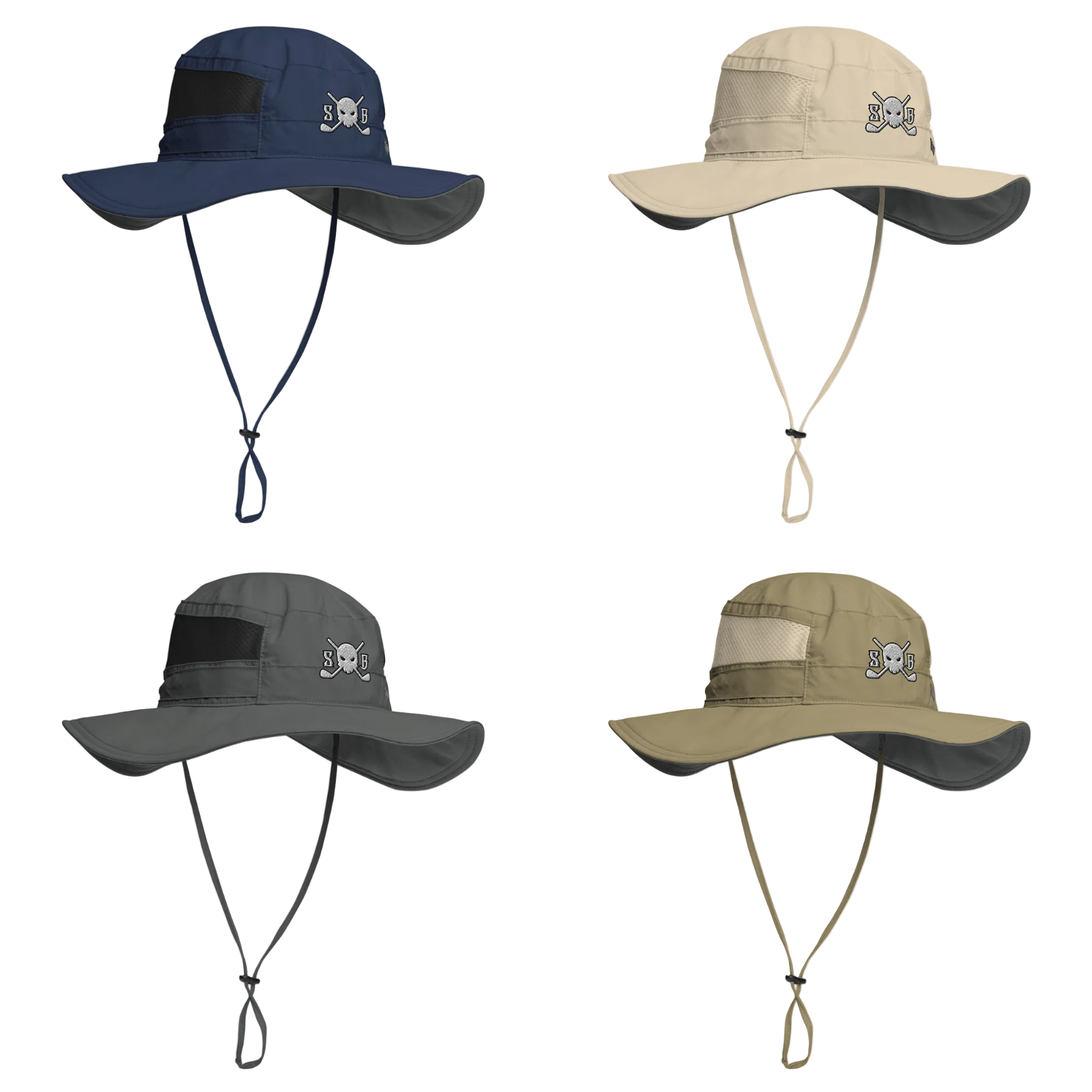 Four different colored sun hats with skull and crossbones design on a white background