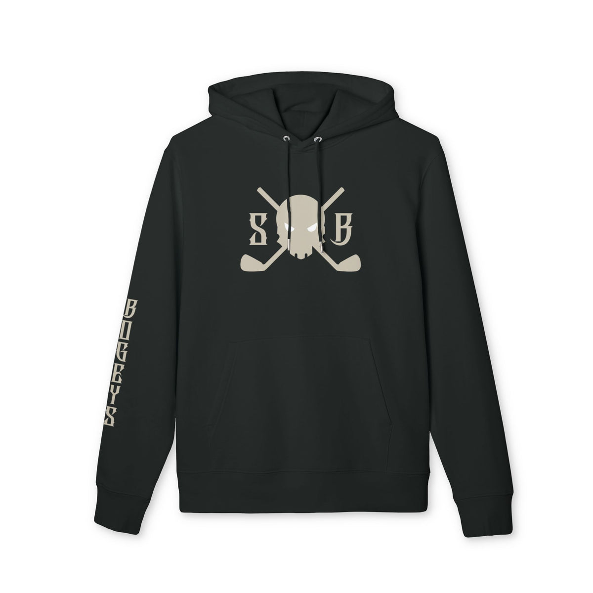 A black pullover hoodie with a beige graphic on the chest featuring a skull and crossed golf clubs, with 'SUB' lettering and 'BIG GAYS' printed vertically on the sleeve, shown against a plain white background.