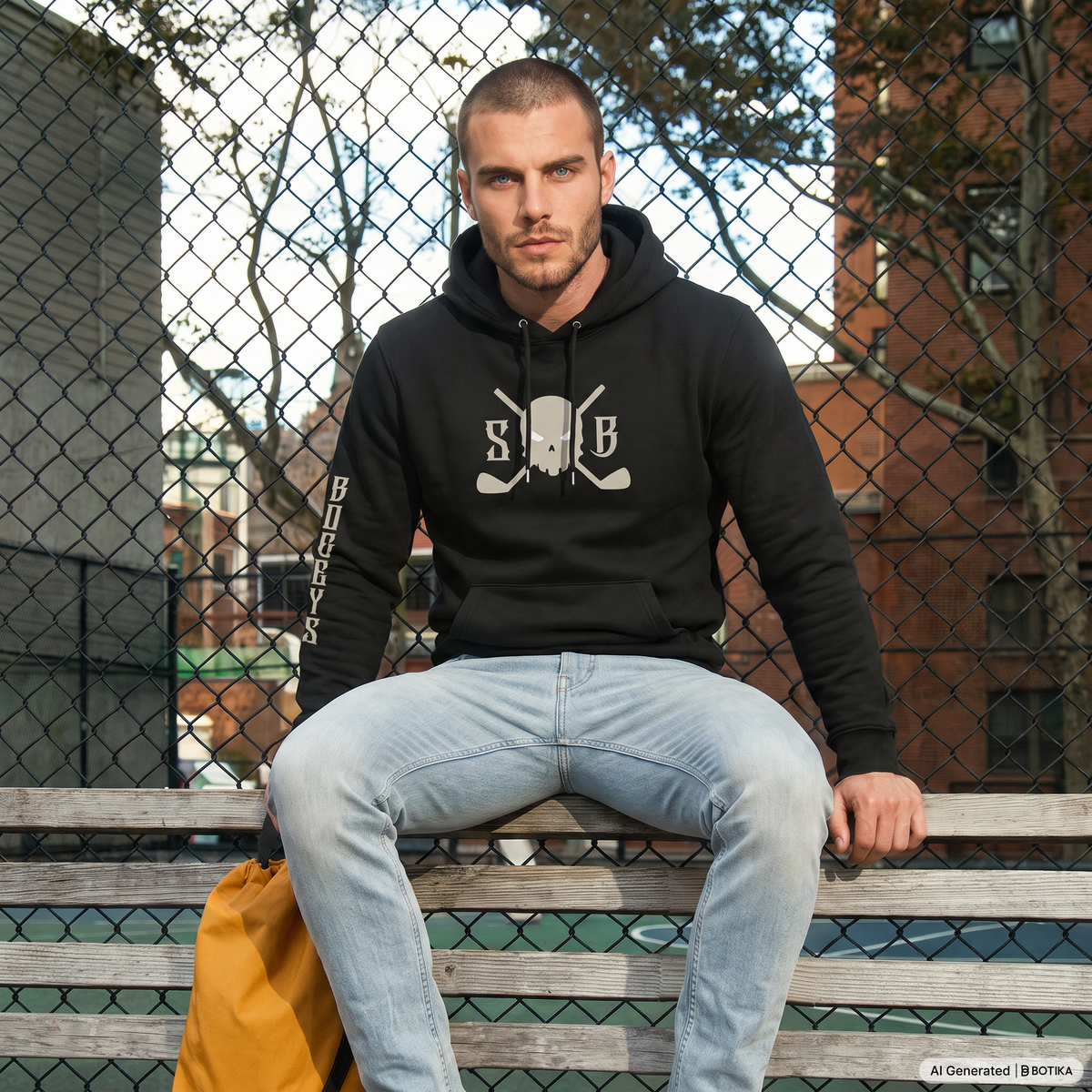 A man wearing a black hoodie with a white skull and crossed golf clubs graphic sits on a wooden bench in front of a chain-link fence.