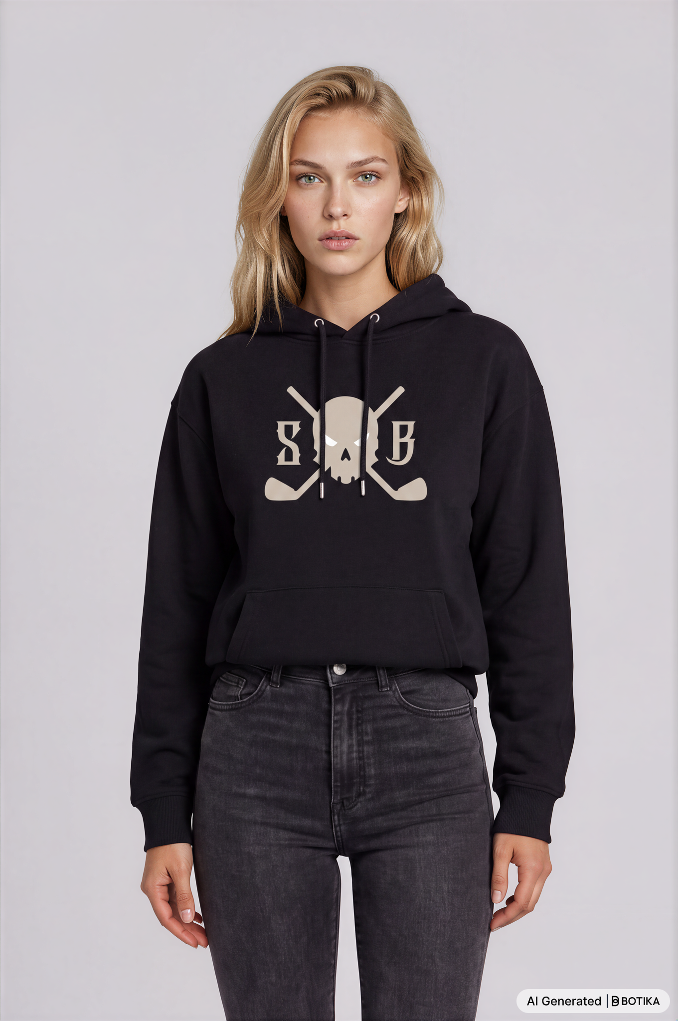 A woman modeling a black cropped hoodie with a beige graphic on the front featuring crossed hockey sticks and the letters 'S' and 'B' around a central symbol. She is wearing dark gray jeans against a solid light gray background.