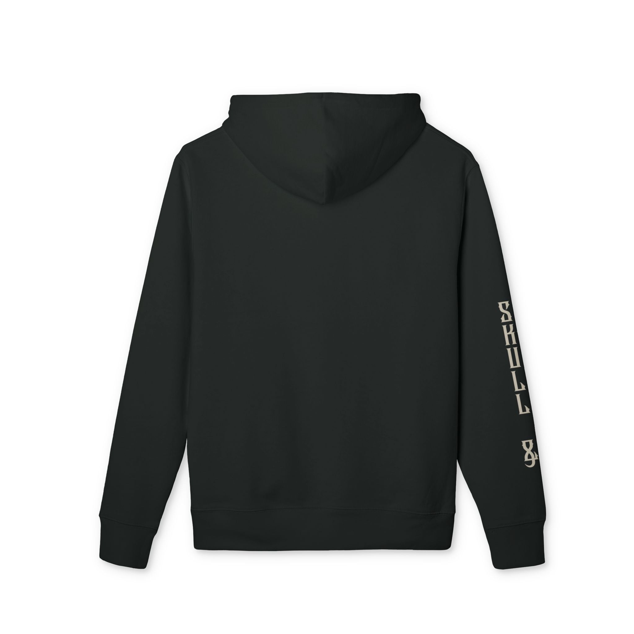 A black hooded sweatshirt shown from the back, featuring vertical cream-colored text reading 'Skull & Bogeys' printed down the right sleeve, set against a plain white background.