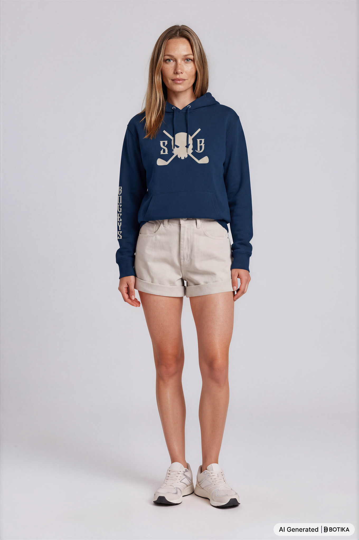 A woman modeling a navy blue cropped hoodie with a beige graphic on the chest and sleeve, paired with beige shorts and white sneakers, against a light gray studio background.