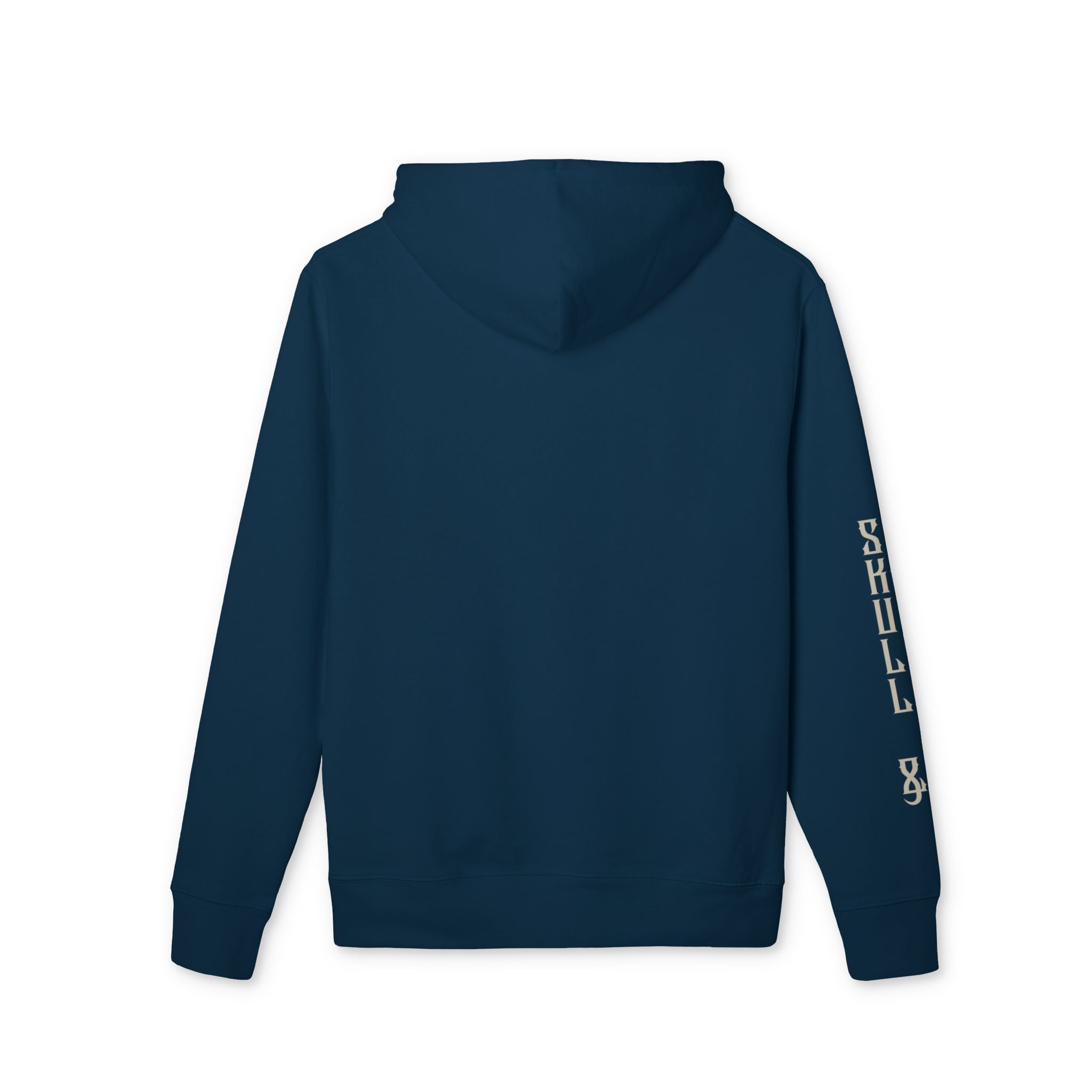 A dark navy blue hoodie shown from the back, featuring vertical cream-colored text reading 'Skull & Bogeys' printed down the left sleeve, set against a plain white background.