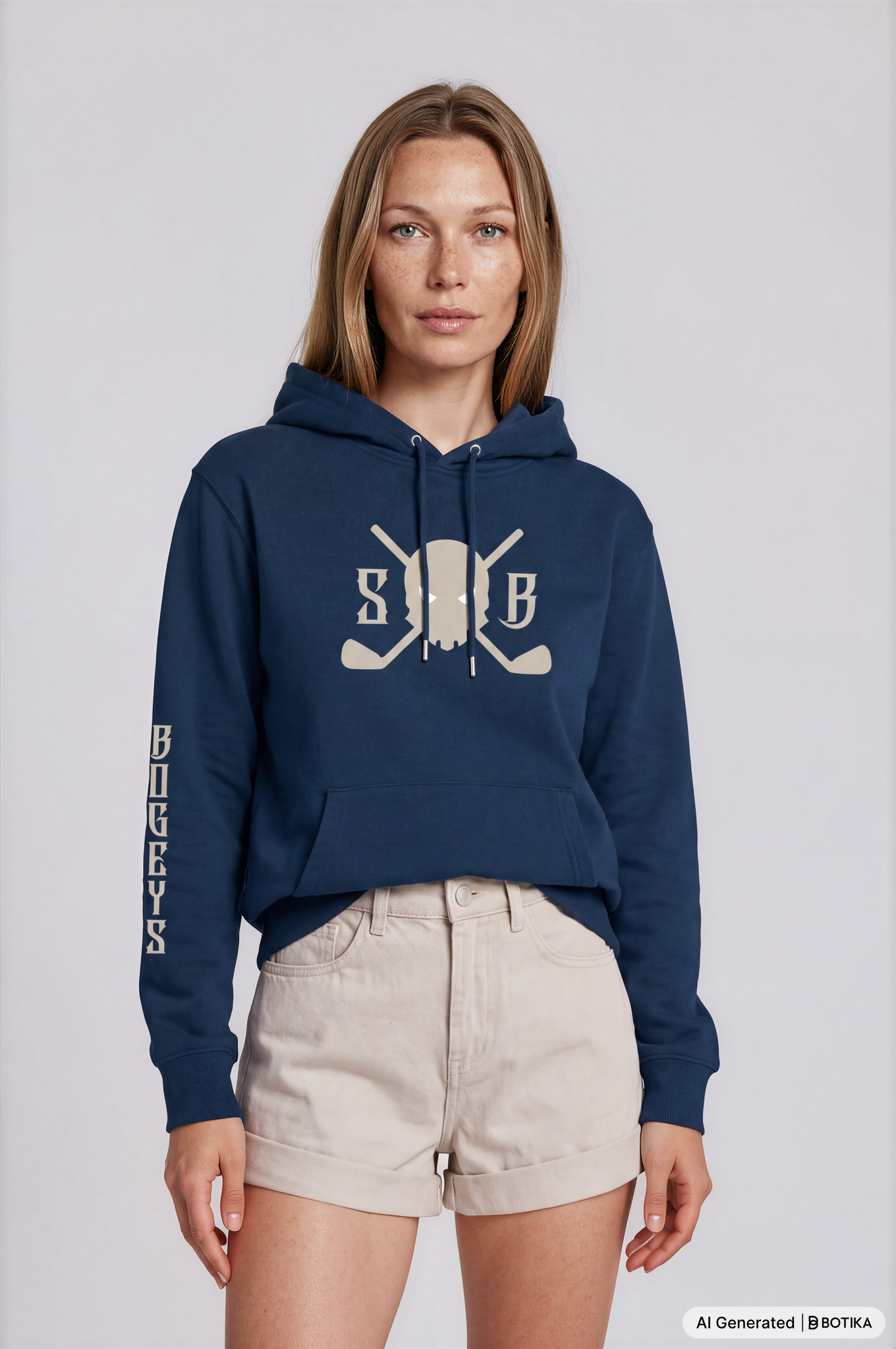 A woman modeling a navy blue cropped hoodie with a cream graphic on the chest and 'SKULL & BOGEYS' printed down one sleeve, paired with light beige shorts against a light gray studio background.