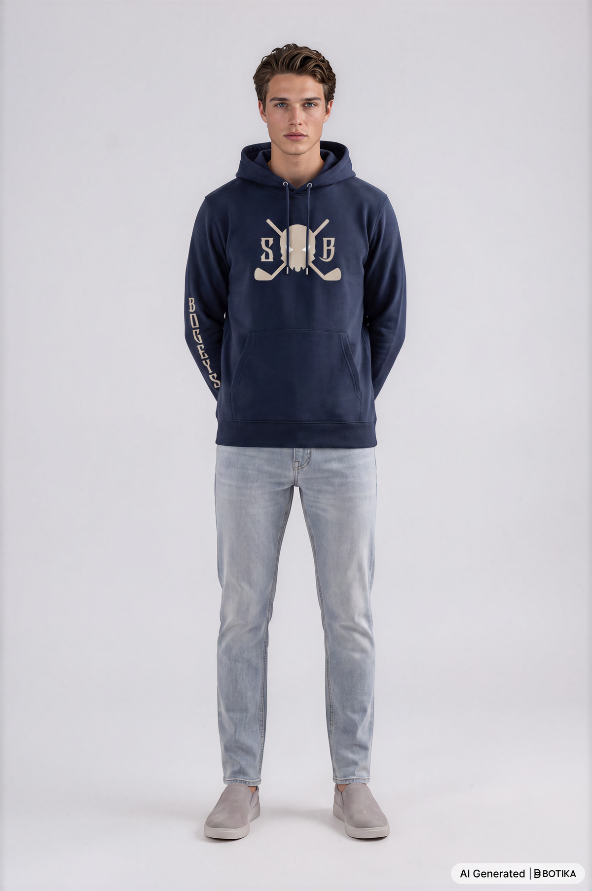 A male model stands against a light gray studio background wearing a navy blue hoodie with a cream-colored crossed golf clubs and 'S&B' graphic on the chest, paired with light-wash jeans and gray slip-on shoes.