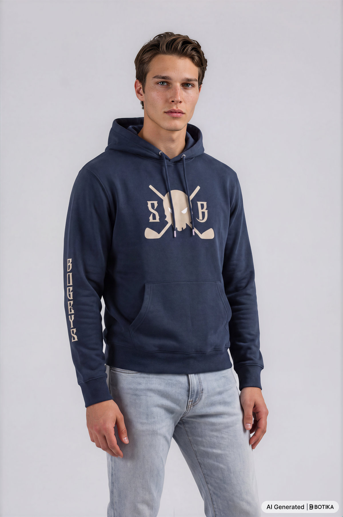 A man modeling a navy blue hoodie with a beige graphic on the chest and 'SKULL & BOGEYS' printed down the sleeve, paired with light-wash jeans against a light gray studio background.