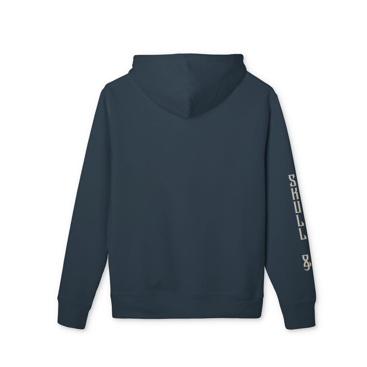 A dark navy blue hoodie shown from the back, featuring vertical cream-colored text reading 'Skull & Bogeys' printed down the right sleeve, displayed on a clean white background.