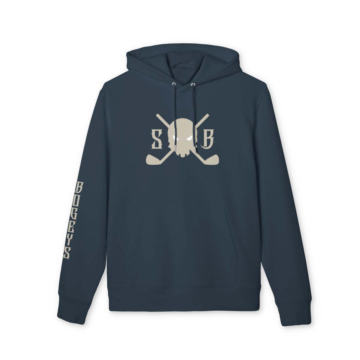 A navy blue pullover hoodie with a beige graphic on the chest featuring a skull and crossed golf clubs, with 'SUB' lettering and 'BIG GAYS' printed vertically on the sleeve, shown against a plain white background.