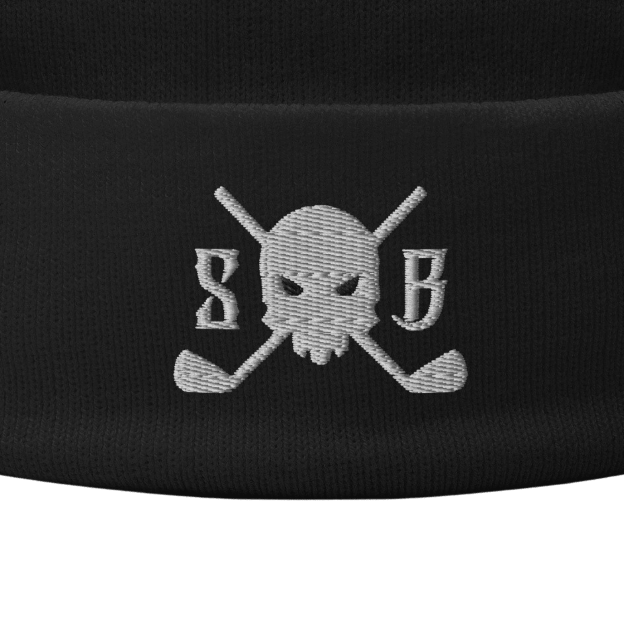 Black headband with skull and crossbones design and embroidered initials on a black background