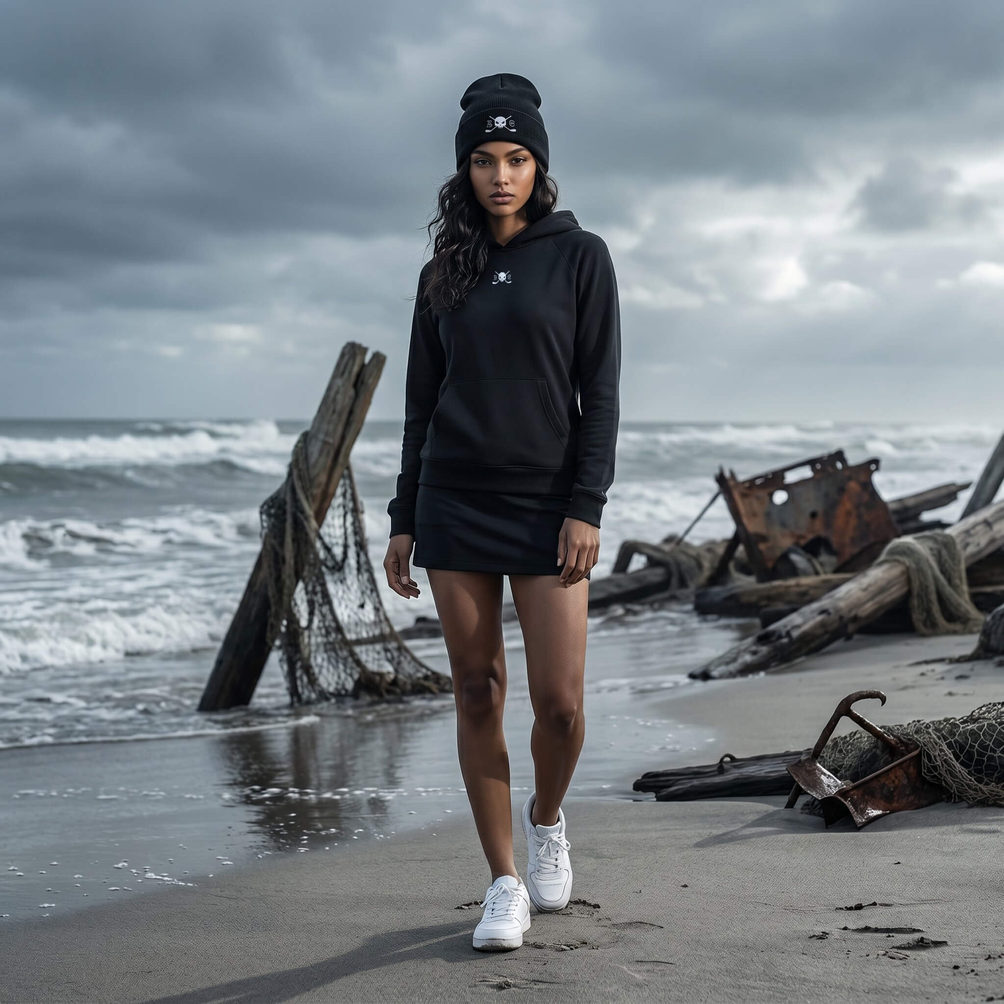 Woman in black outfit standing on a beach with stormy weather