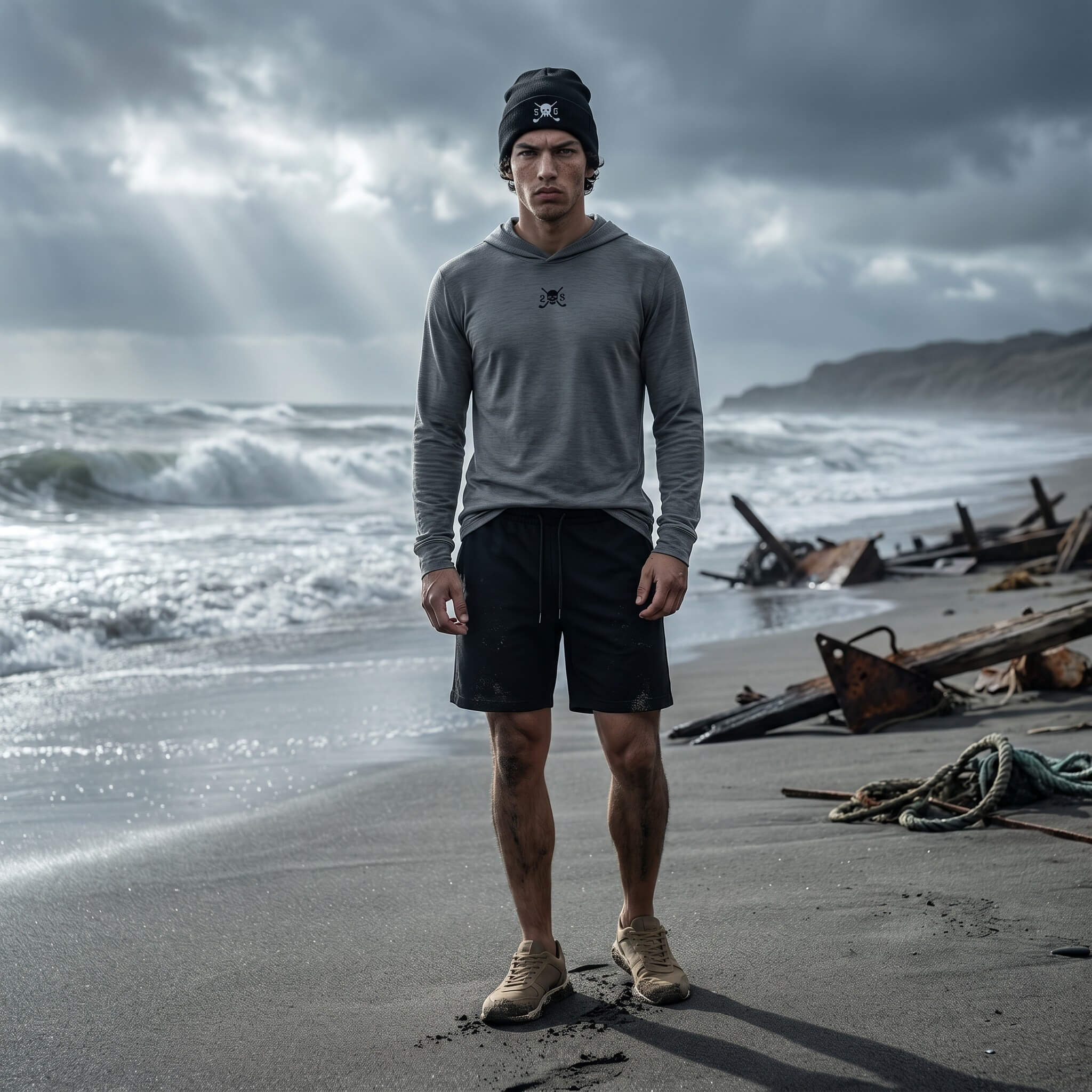 Person standing on a beach with waves and a shipwreck in the background