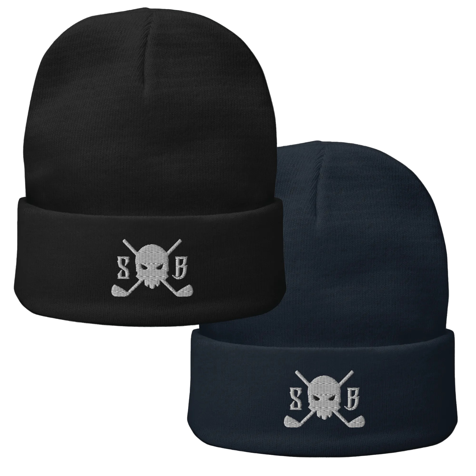Black and navy beanies with skull and crossbones logo on a white background