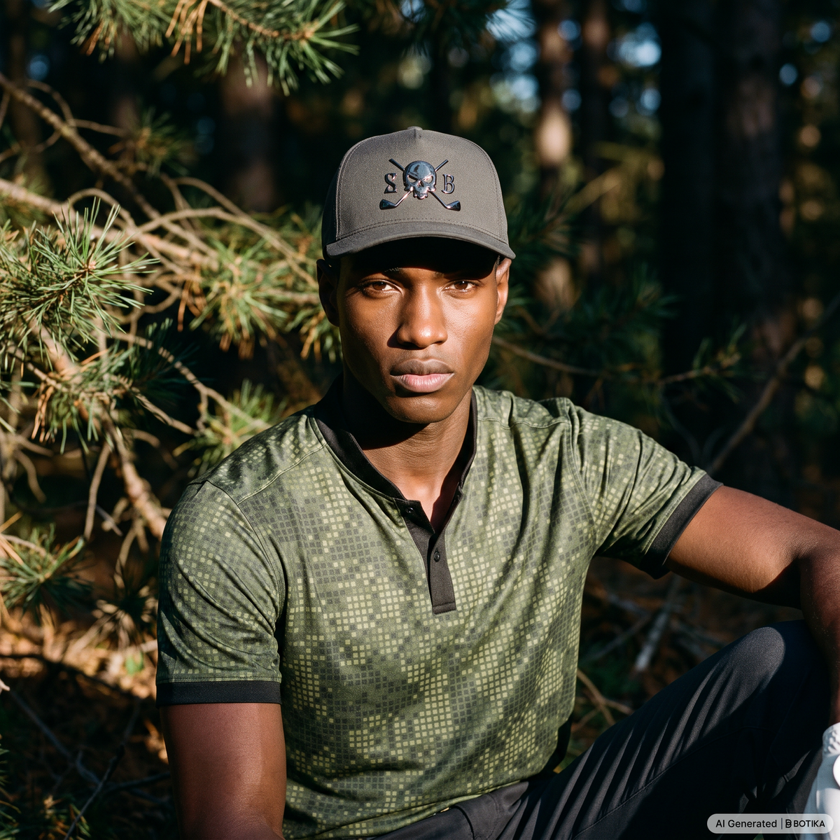 Skull & Bogeys Deer Hunter Bundle with forest camo blade collar golf polo and triple-black snapback hat