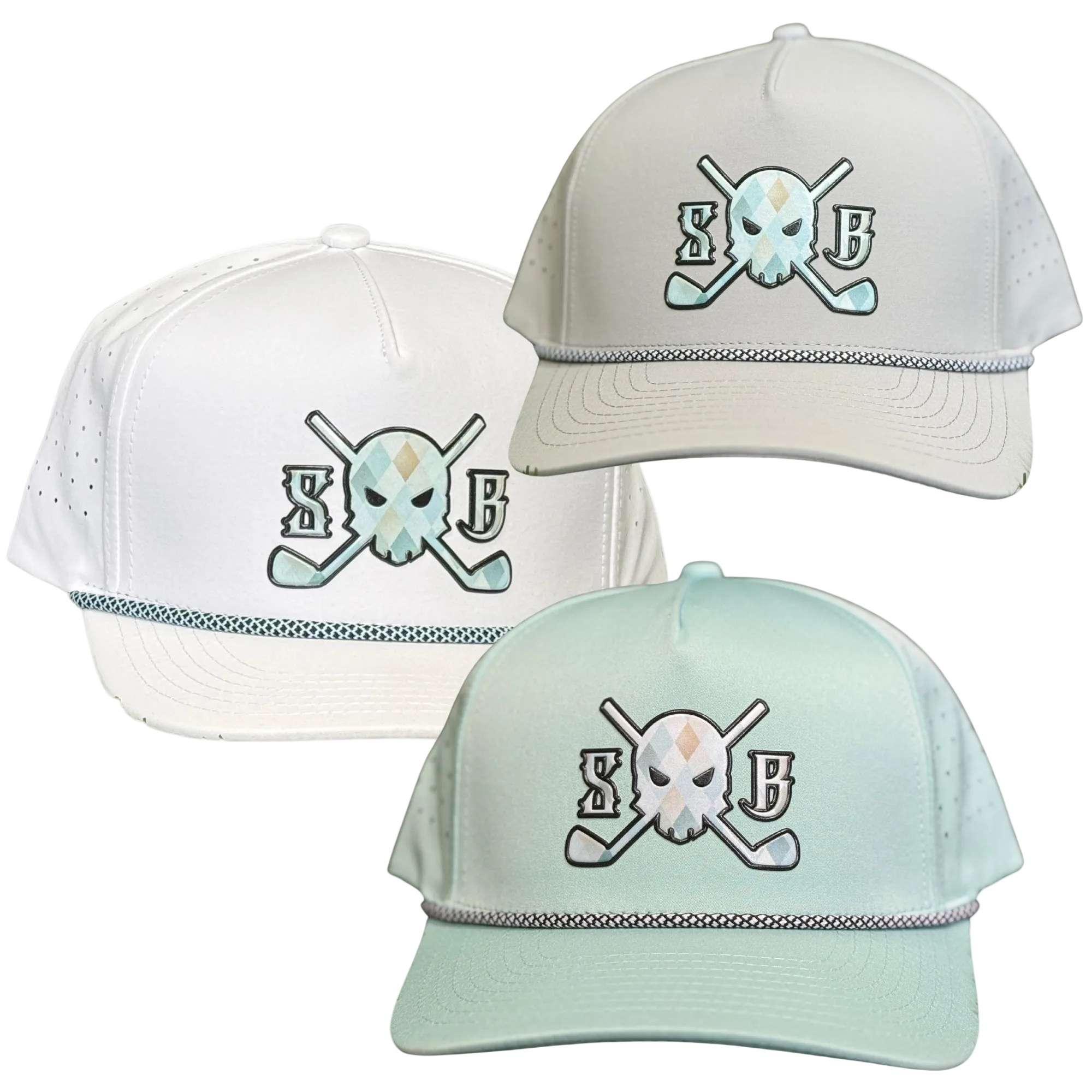 Three baseball caps with a logo on a white background
