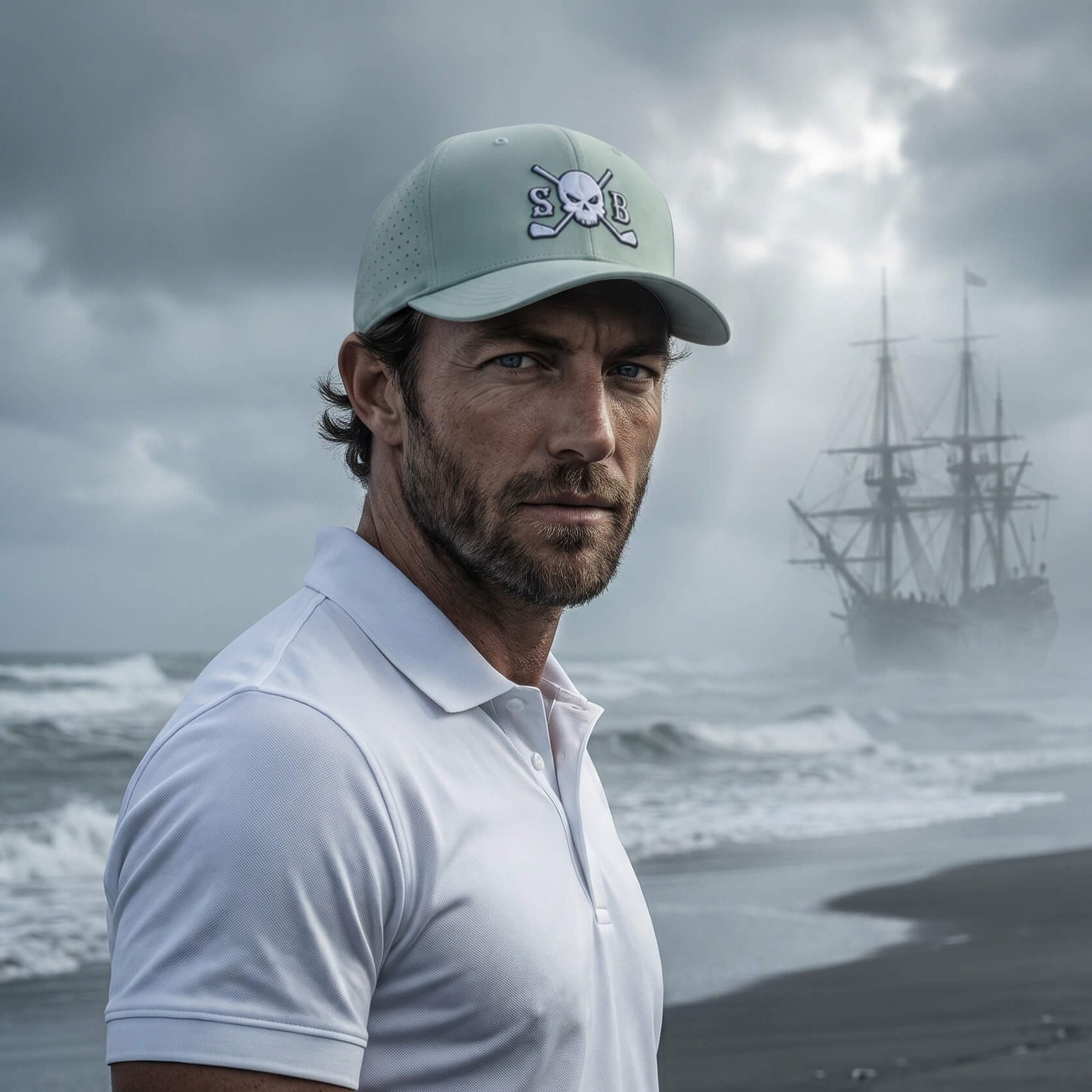 Man wearing a cap with a ship in the background on a stormy beach