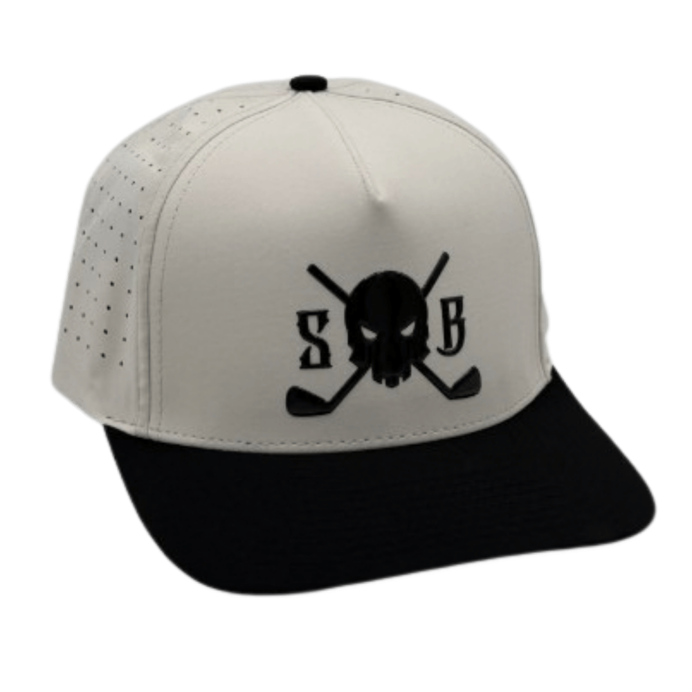 Skull & Bogeys Eclipsed Blackout white and black golf snapback hat with black vinyl skull logo, front view
