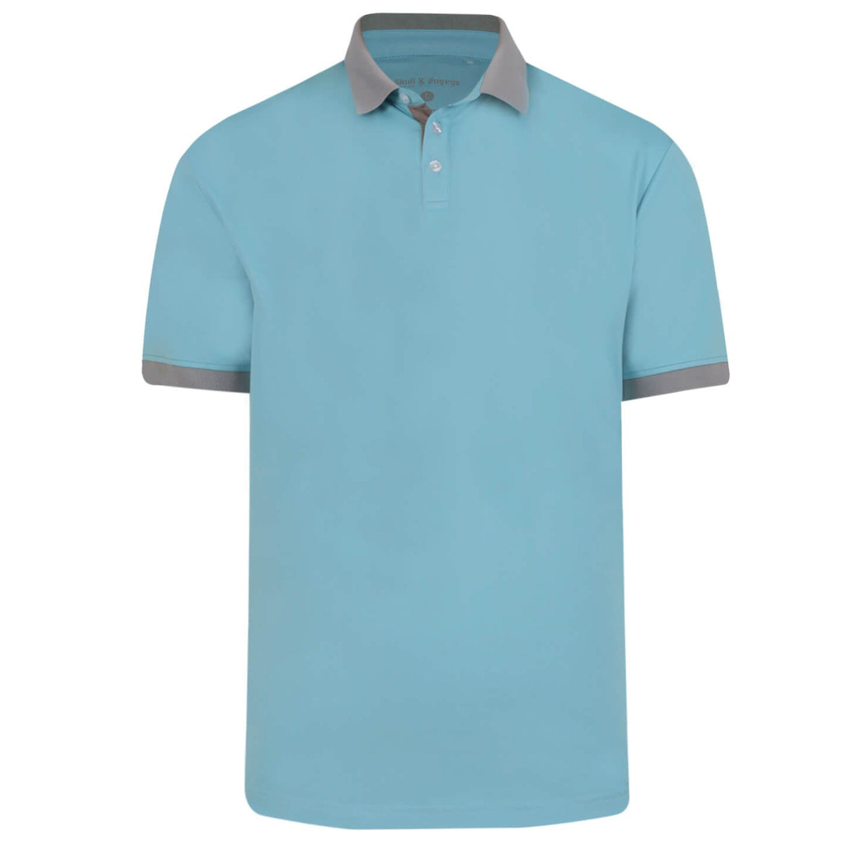 Skull & Bogeys Elemental men’s two-tone golf polo with matte gray collar and sleeve bands, front view